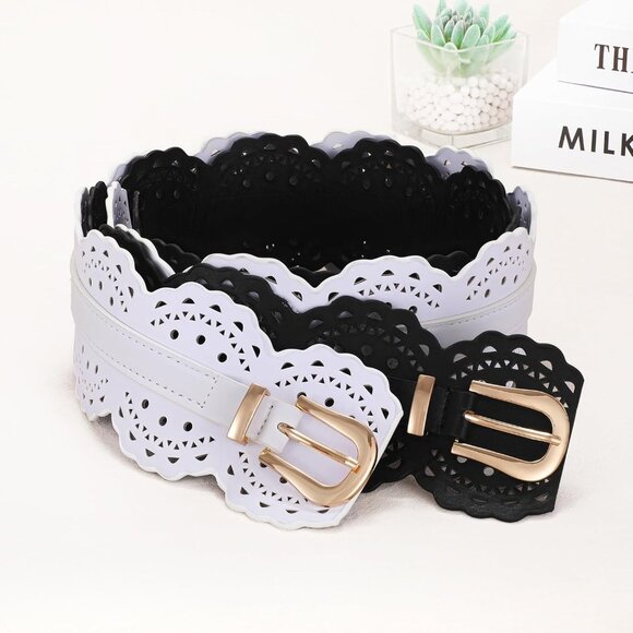 Women\'s Wide Dresses Chunky Thick Leather Waist Prong Buckle Belts Gold Black